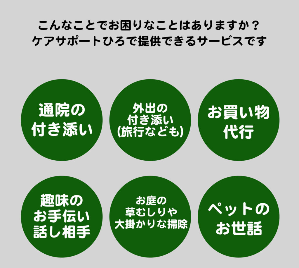 こんなことでお困りのことはありますか?
ケアサポートひろで提供できるサービスです
通院の付き添い
外出の付き添い(旅行なども)
お買い物代行
趣味のお手伝い話相手
お庭の草むしりや大掛かりな掃除
ペットのお世話